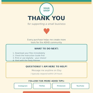 Peut inclure: Une carte de remerciement pour une petite entreprise avec un fond crème, des accents bleu sarcelle et jaune, et un cœur rouge. Elle inclut des instructions pour télécharger des fichiers, des contacts Etsy, des liens sociaux et un avis.