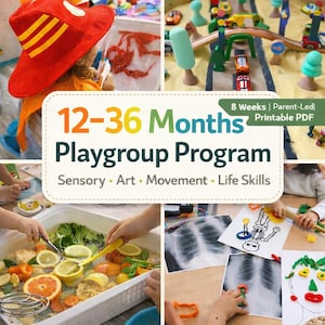 May include: A collage of images showcasing a playgroup program for children aged 12-36 months. The program includes sensory activities, art projects, and movement exercises. The text on the image reads "12-36 Months Playgroup Program" and "Sensory • Art • Movement • Life Skills."