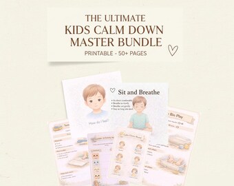 Puede incluir: Un conjunto de materiales educativos imprimibles para niños. El título dice "THE ULTIMATE KIDS CALM DOWN MASTER BUNDLE" con el texto "PRINTABLE - 50+ PAGES". Los materiales incluyen ilustraciones de niños y actividades de calma.