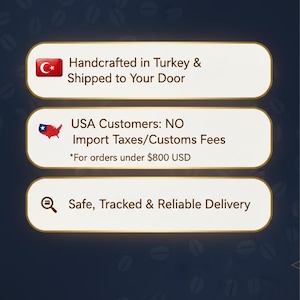 Peut inclure: Image avec le texte : "FAST WORLDWIDE SHIPPING WORLDWIDE." Le texte suppl&eacute;mentaire comprend "Handcrafted in Turkey & Shipped to Your Door", "USA Customers: NO Import Taxes/Customs Fees" et "Safe, Tracked & Reliable Delivery."