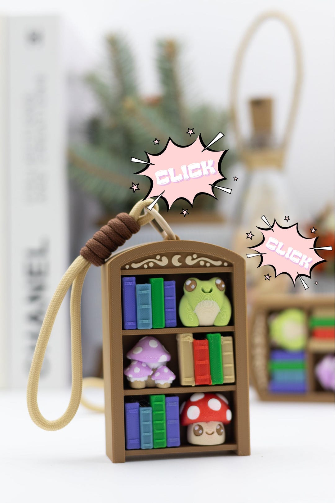 Nook Key Chain Cozy Book Nook Fidget Clicker, 3D Printed Mini Bookshelf Toy, Frog and ...