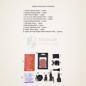 Peut inclure: Un assortiment d'accessoires pour cam&eacute;ra d'action, comprenant un support, des bras d'extension (4,4 cm et 5,5 cm), une boucle &agrave; d&eacute;gagement rapide et des tampons adh&eacute;sifs. L'image montre &eacute;galement une lingette nettoyante, du mat&eacute;riel de montage et un outil de serrage. Le texte indique "Sample Package Contents."