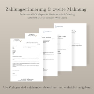 May include: A collection of white paper documents with German text, including "Zahlungserinnerung & zweite Mahnung" and "E-Mail-Vorlage". The documents are for gastronomy and catering, with the text "Professionelle Vorlagen für Gastronomie & Catering".
