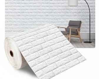 Puede incluir: Paneles de pared blancos con diseño de ladrillo, mostrados en rollo y en lámina plana. Los paneles tienen una superficie texturizada, que se asemeja al ladrillo real. Una lámpara de pie moderna y un sillón están en el fondo.