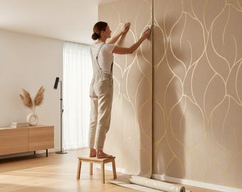 Puede incluir: Una persona está instalando papel pintado con un diseño de hojas doradas sobre un fondo beige. El rollo de papel pintado está desenrollado en el suelo. La persona está de pie sobre un pequeño taburete de madera. La habitación tiene suelo de madera clara y una pared blanca.