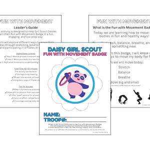 Puede incluir: Tres páginas de una guía de actividades de Girl Scouts. La página central presenta una insignia con un panda rosa sosteniendo un hula hoop. El texto incluye "Fun with Movement Badge" y "Stretch, Balance, Breathe."