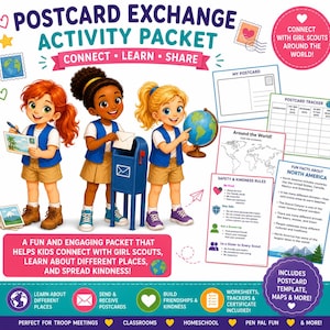 May include: A colorful postcard exchange activity packet with illustrations of three girls, a mailbox, and a globe. The packet includes worksheets, a postcard template, maps, and more. The text reads "Connect, Learn, Share."