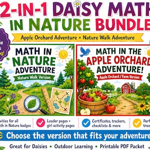 May include: A 2-in-1 digital download bundle featuring two printable math activity packets: Math in Nature Adventure and Math in the Apple Orchard Adventure. The graphic includes illustrations of nature scenes, a basket of apples, and text.