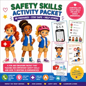 May include: A colorful educational packet titled "Safety Skills Activity Packet" with illustrations of children demonstrating safety practices. Includes information on calling 911, first aid, fire safety, and emergency procedures. Perfect for troop meetings and home learning.