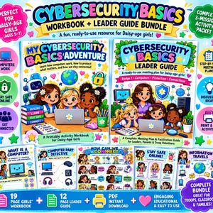 Puede incluir: Un paquete de libro de ejercicios y guía para líderes sobre conceptos básicos de ciberseguridad para niñas, con ilustraciones coloridas de niñas usando computadoras, un robot y un candado. Incluye un libro de actividades de 19 páginas y una guía de 12 páginas con planes de reunión, ideas de discusión y actividades imprimibles sobre seguridad en línea y computación.