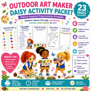 Könnte beinhalten: Ein farbenfrohes, druckbares Aktivitätspaket mit dem Titel "Outdoor Art Maker Daisy Activity Packet". Das Design zeigt Illustrationen von Kindern, Blumen und Kunstmaterialien. Das Paket enthält 23 Seiten mit naturnahen Aktivitäten für Kinder im Alter von 5-7 Jahren.