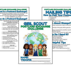 May include: Girl Scout Postcard Exchange Challenge materials. Includes information on postcard exchanges, mailing tips, and a fun patch design. Features a globe graphic and illustrations of diverse Girl Scouts.