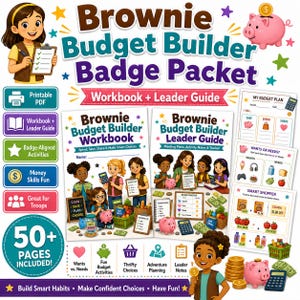 以下が含まれることがあります： Brownie Budget Builderバッジパケット。ワークブックとリーダーガイドが含まれ、子供、貯金箱、電卓、買い物アイテムのカラフルなイラストが描かれています。金融教育のための50ページ以上の印刷可能なPDFアクティビティセットです。
