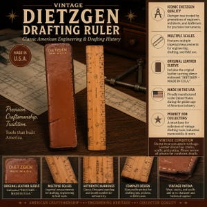 May include: A vintage Dietzgen drafting ruler made of wood with black measurement markings, accompanied by a brown leather carrying sleeve embossed with the Dietzgen brand name and the text Made in U.S.A. The set features authentic branding.