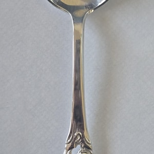 Pode incluir: Uma colher de prata com uma superfície altamente polida e reflexiva. A tigela da colher é oval e o cabo apresenta um design ornamental com rolagem. A colher é provavelmente para servir ou comer.