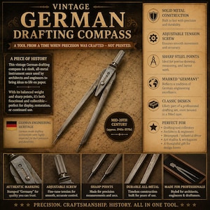 May include: A vintage German drafting compass made of solid metal with sharp steel points and an adjustable tension screw. The tool features a classic design with a stamped Germany mark, presented in a detailed informational display.
