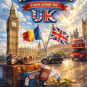 Könnte beinhalten: Eine Illustration zum Thema Reisen mit dem Big Ben, einem roten Doppeldeckerbus und einem schwarzen Taxi. Das Bild zeigt Gepäck, eine Krone und die Flaggen von Großbritannien und Rumänien. Der Text lautet "Ghidul Românului care vine în UK" und "Ghid complet pentru mutarea in Marea Britanie."