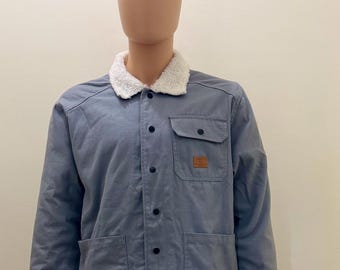 Men’s Blue Sherpa Collar Jacket | Warm Button Up Workwear Coat | Casual Winter Overshirt | Utility Pocket Jacket | Vintage Style Outerwear