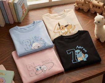 Personalized Poke Birthday Embroidered Sweatshirt, Family Matching Birthday Shirt, Custom Name and Age P0kemon, Birthday Gift for PKM Fan