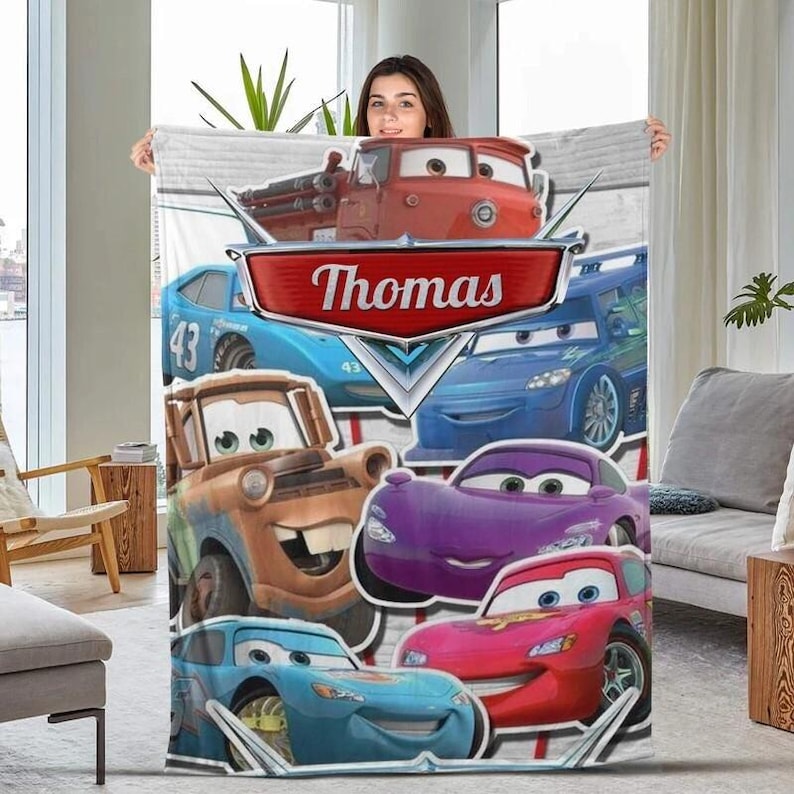 Custom Name Disneyland Cars Blanket, Personalized Cars Movies Blanket, Lightning Mcqueen Sally Tow Mater Blanket, Birthday Gift 画像 1
