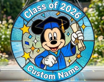 Disneyland Mickey Class of 2026 Stained Glass Suncatcher, Personalized Name Graduation Gift Window Hanging Decor, Gift for Graduation