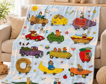 Manta de Richard Scarry con el tema "Cars: ¿Qué hace la gente todo el día?", manta con el autobús arcoíris, manta con los personajes de Busytown, regalo para amantes de los libros infantiles.