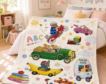 Manta inspirada en Richard Scarry, manta con estampado de vehículos de Busytown, libro infantil vintage, regalo para maestra de preescolar, regalo para fans.