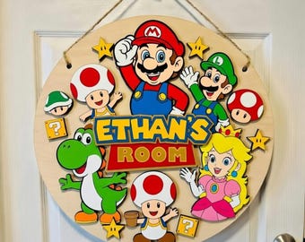 Super Mario Wooden Name Sign, Personalized Wall Decor, Game Inspired Kids Bedroom Art, Door Sign, Customized Gift, Nursery Room Decoration