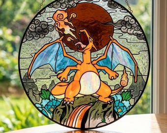 Charizard P0kemon Stained Glass Suncatcher, Japanese Art Anime Window Hanging, Fire Dragon Glass Panel Decor, Geeky Gamer Gifts