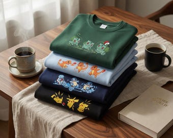 Personalized P0kemon Embroidered Sweatshirt, Anime Pokaball Shirt, Pocket Beast Fan Gift, Custom Anime Characters Crewneck, Birthday Gift