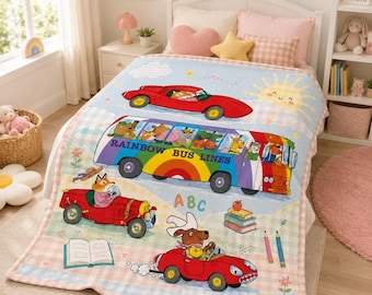 Manta con vehículos de dibujos animados, Colección de viajes de dibujos animados, Manta de vehículos para niños, Manta con coches, aviones y camiones, Richard Scarry Busytown