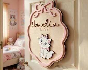Disneyland Marie Aristocats Wooden Name Sign, Personalized Baby Girl Room Decor, Cute Cat Nursery Wall Sign, Custom Kids Door Hanger