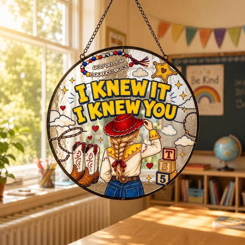 I Knew It I Knew You Glass Suncatcher, Cowboy Like Me Window Hanging, Gift For Music Fan, Toy Story Lover, Toy Story 5 Movie 2026 Inspired image 3