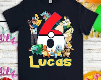 Custom Name Pokeball Birthday Shirt, Personalized PKM Birthday Shirt, Pikachu Charmander Bulbasaur Birthday Tee, Monster Family Matching Tee