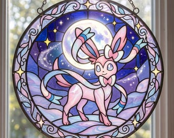 Custom Sylvon Stained Glass Suncatcher, P0Kem Window Hanging, Sylvon Moon Glass Ornament, Anime Sun Catcher Galaxy Night Decor