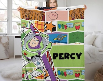 Custom Name Disneyland Buzz Lightyear Plush Fleece Blanket, Jessie Woody Toy Story Blanket for Bed Couch Sofa, Birthday Gift, Gift For Boy