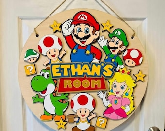 Super Mario Wooden Name Sign, Personalized Wall Decor, Game Inspired Kids Bedroom Art, Door Sign, Customized Gift, Nursery Room Decoration