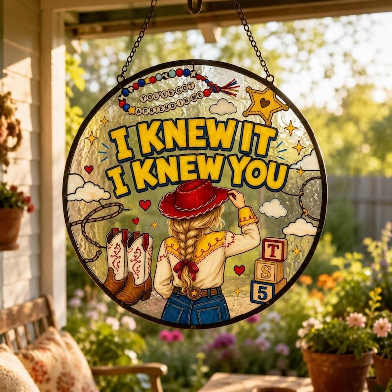 I Knew It I Knew You Glass Suncatcher, Cowboy Like Me Window Hanging, Gift For Music Fan, Toy Story Lover, Toy Story 5 Movie 2026 Inspired image 1