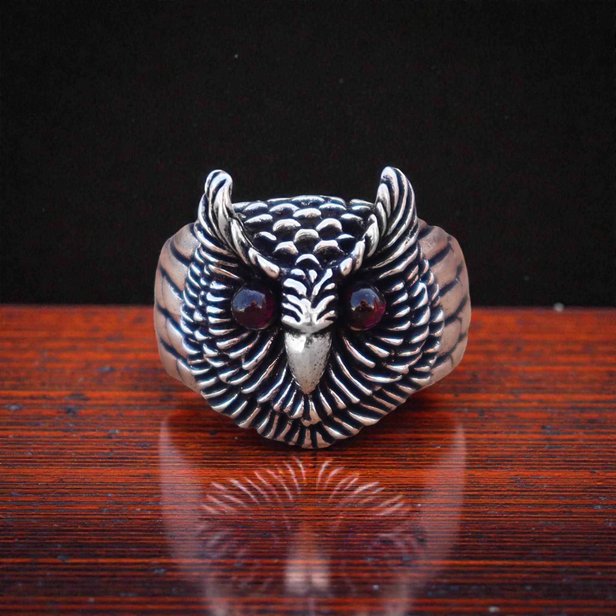 Oxidized Sterling Silver Owl Ring, Red Garnet Eyes, Boho Statement Jewelry