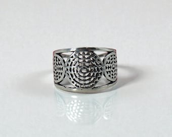 Sterling Silver Mandala Ring, Wide Boho Statement Ring