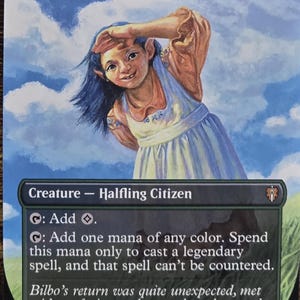 May include: A Magic: The Gathering trading card titled Delighted Halfling featuring a creature with dark hair and a light-colored dress against a blue sky. The card text includes Creature - Halfling Citizen, mana abilities, and flavor text.