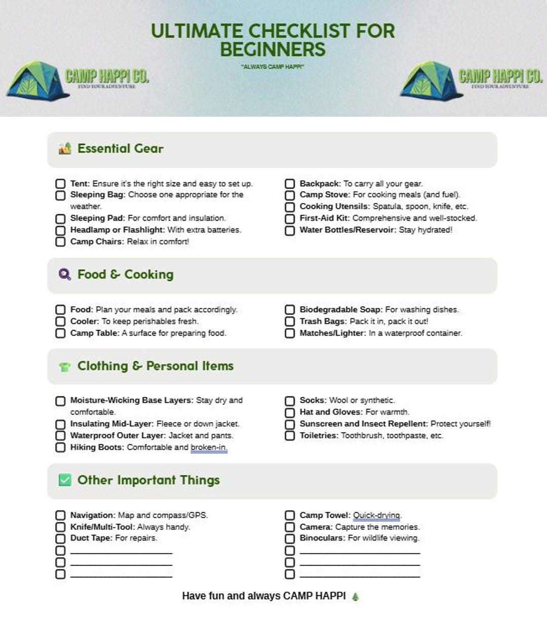 Ultimate Camping Checklist Printable PDF | Packing List | Tent, RV ...