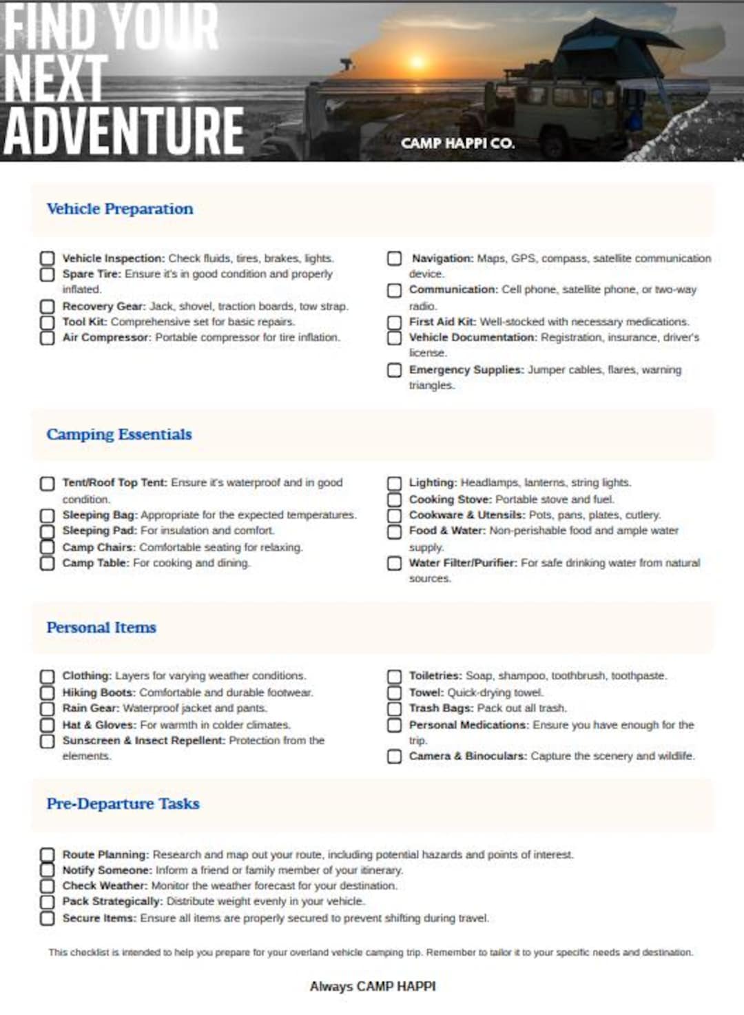 Overland Vehicle Checklist Printable PDF | Packing List | Tent, RV ...