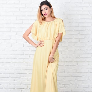 Maxi Boho Hippie Dress -Vintage 70s - Yellow -Draped -Sleeveless -XS