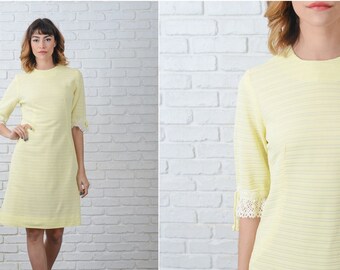 60s Yellow Mod Dress Vintage Striped Crochet Lace Cocktail Party Small S