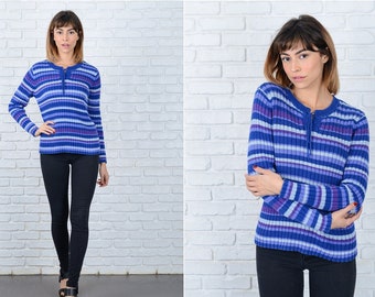 80s Blue + Purple Sweater Vintage Retro Top Shirt Long Sleeve Ribbed Bold Striped Medium M