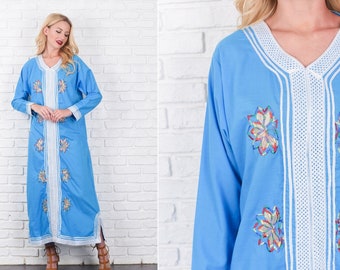 Vintage 70s Blue Hippie Boho Dress Embroidered Flower Ethnic Medium Large vintage dress blue dress hippie dress medium dress