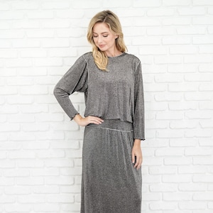 90s Draped Drop waist Dress - Vintage Silver Metallic  - Vintage - Draped - - Maxi - Medium