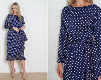 80s Polka Dot Dress Vintage  Navy Blue Wrap Ruffle Party Medium M