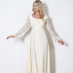 Vintage 60s Hippie Lace Dress - Floral - Cottage Core - Sheer Sleeve  - Maxi - Small -Boho